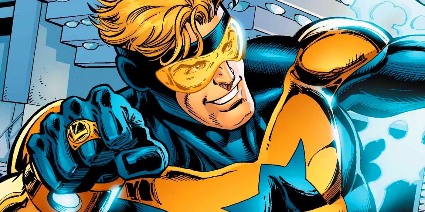 Booster Gold in gold-and-blue costume in DC Comics