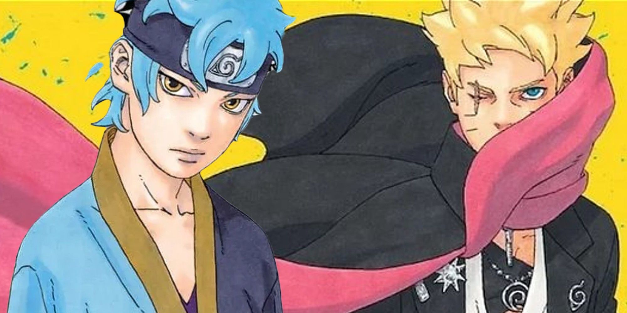 Boruto e Mitsuki juntos contra um fundo amarelo em Two Blue Vortex.