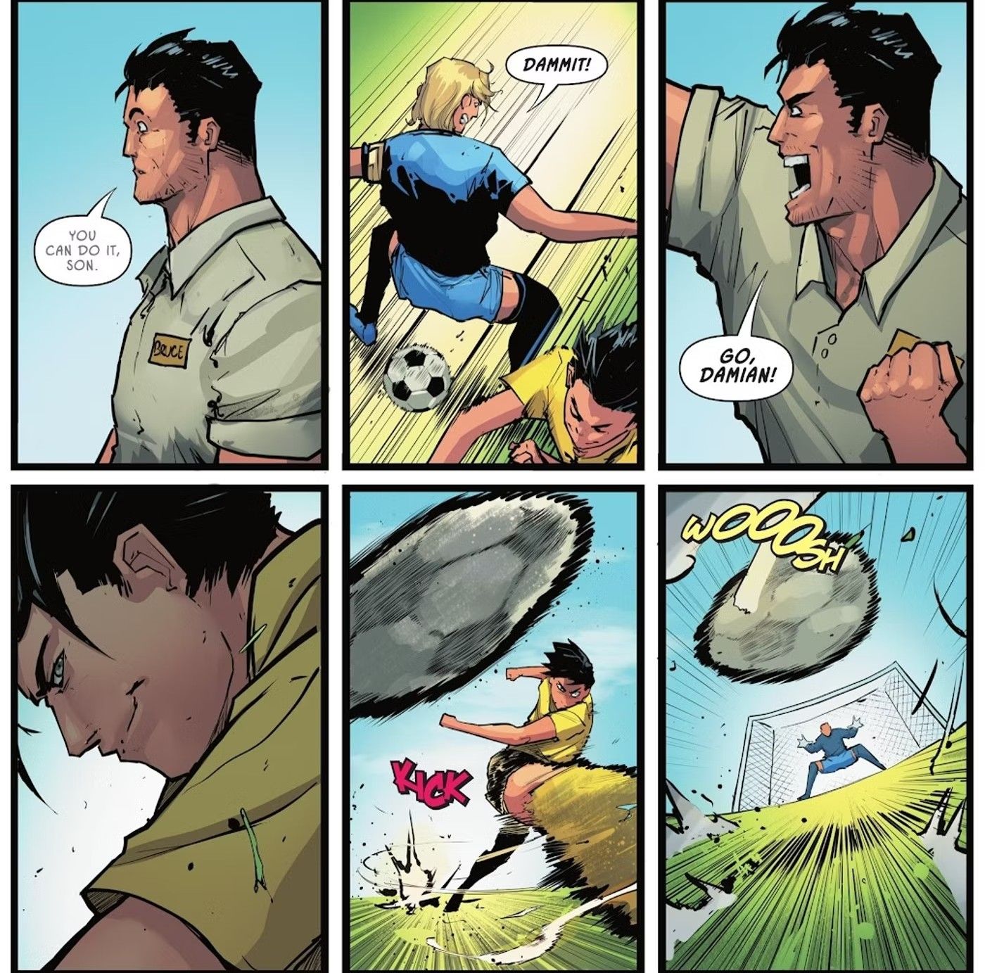 Comic book panels: Bruce Wayne watches his son Damian playing soccer.