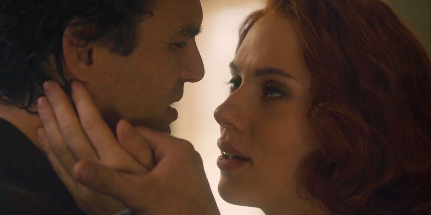 Bruce Banner (Mark Ruffalo) and Natasha Romanoff (Scarlet Johansson) are intimate in Avengers Age Of Ultron