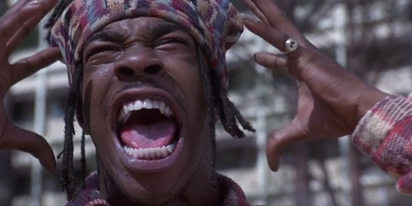 Busta Rhymes as Dreads yells in a scene from Higher Learning.