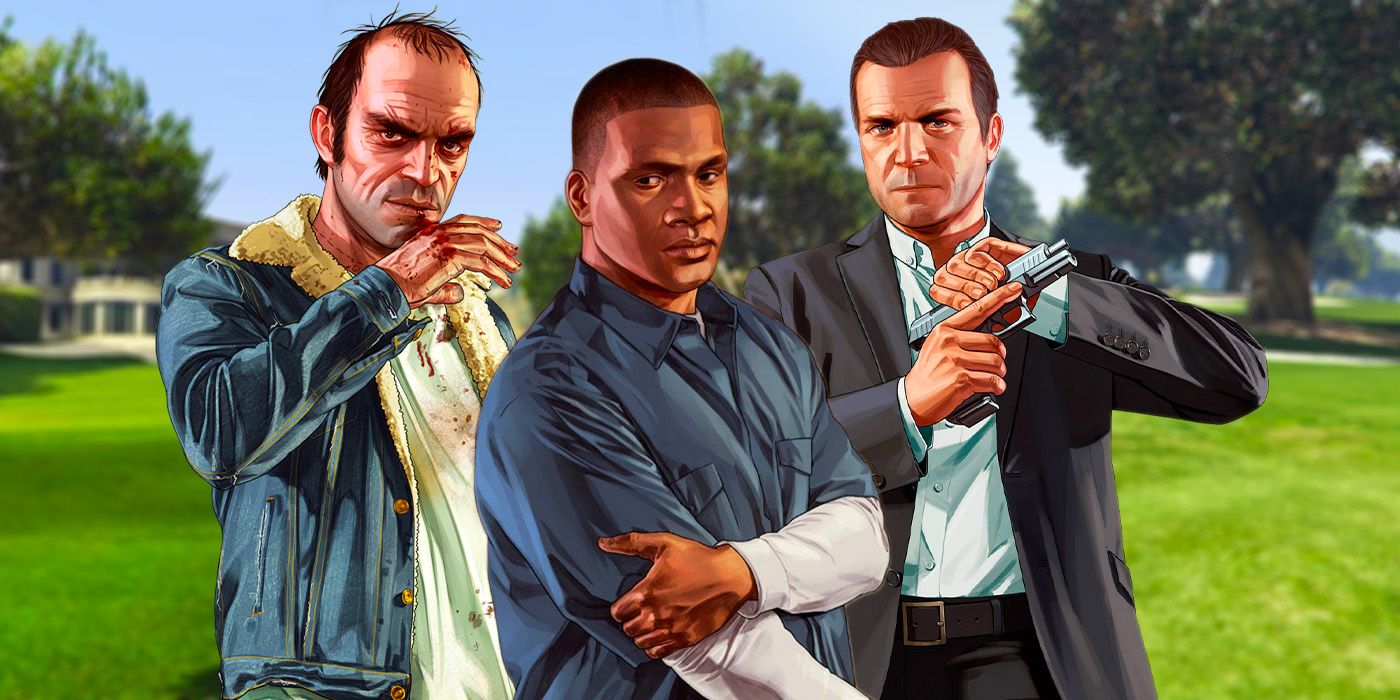 Michael, Trevor, and Franklin posed in front of the Los Santos Golf Club.