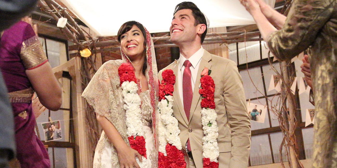 Schmidt and Cece Smiling at Their Wedding in New Girl