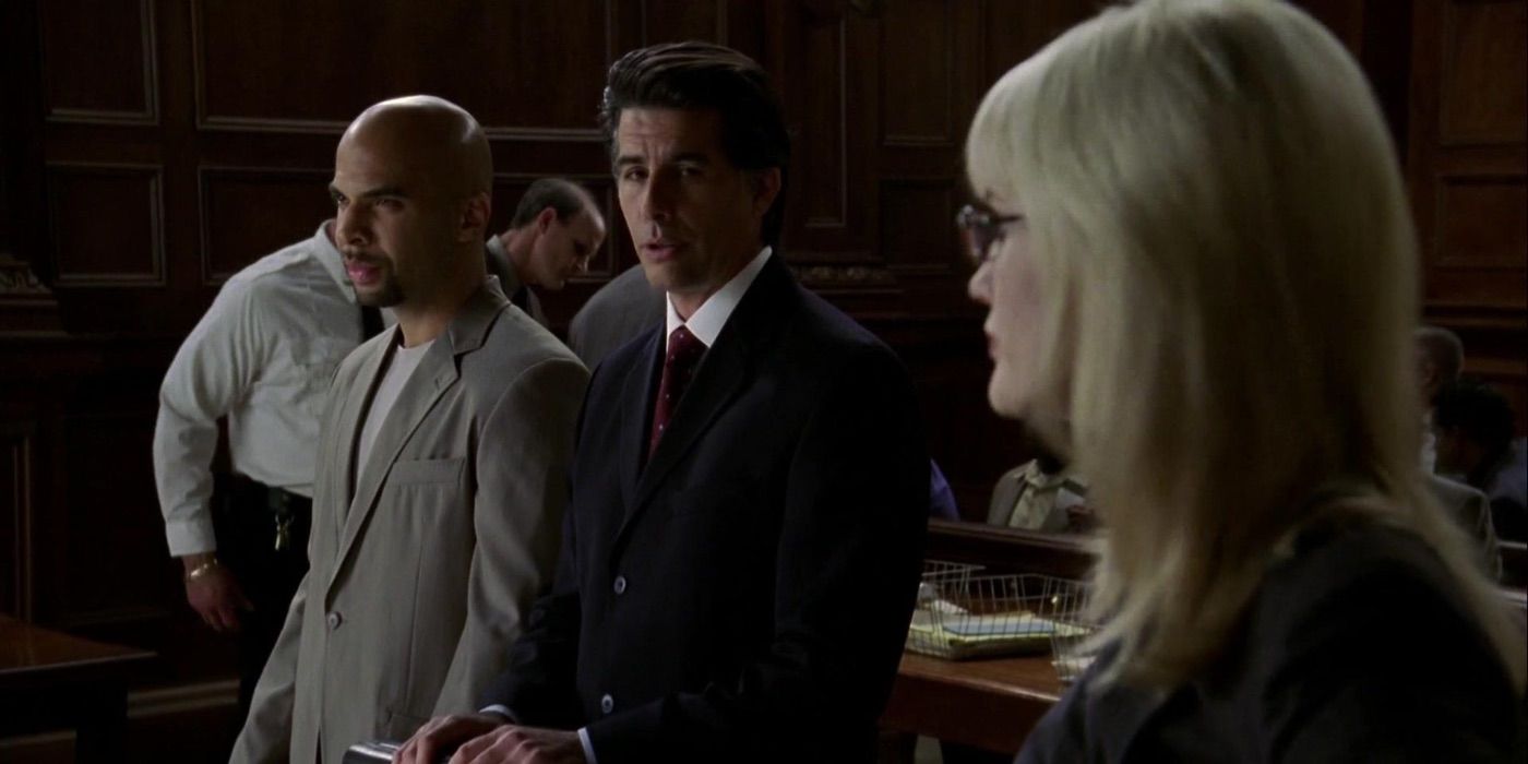Cabot watches on as a defense attorney presents his case in Law and Order: SVU