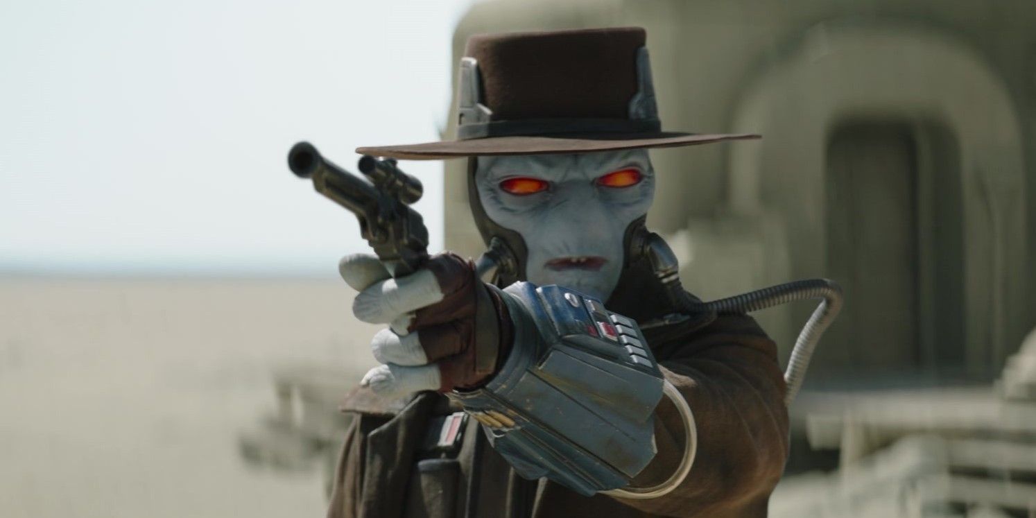 Cad Bane holding his blaster in season 1 episode 6 of The Book of Boba Fett.