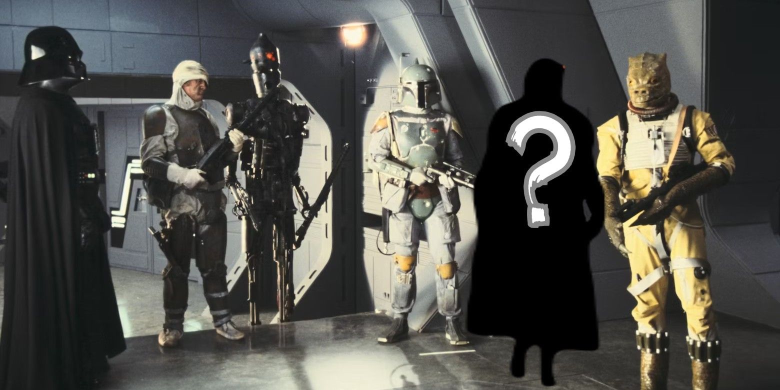 Darth Vader and the bounty hunters from Star Wars: Episode V - The Empire Strikes Back with a silhouette inserted with a question mark