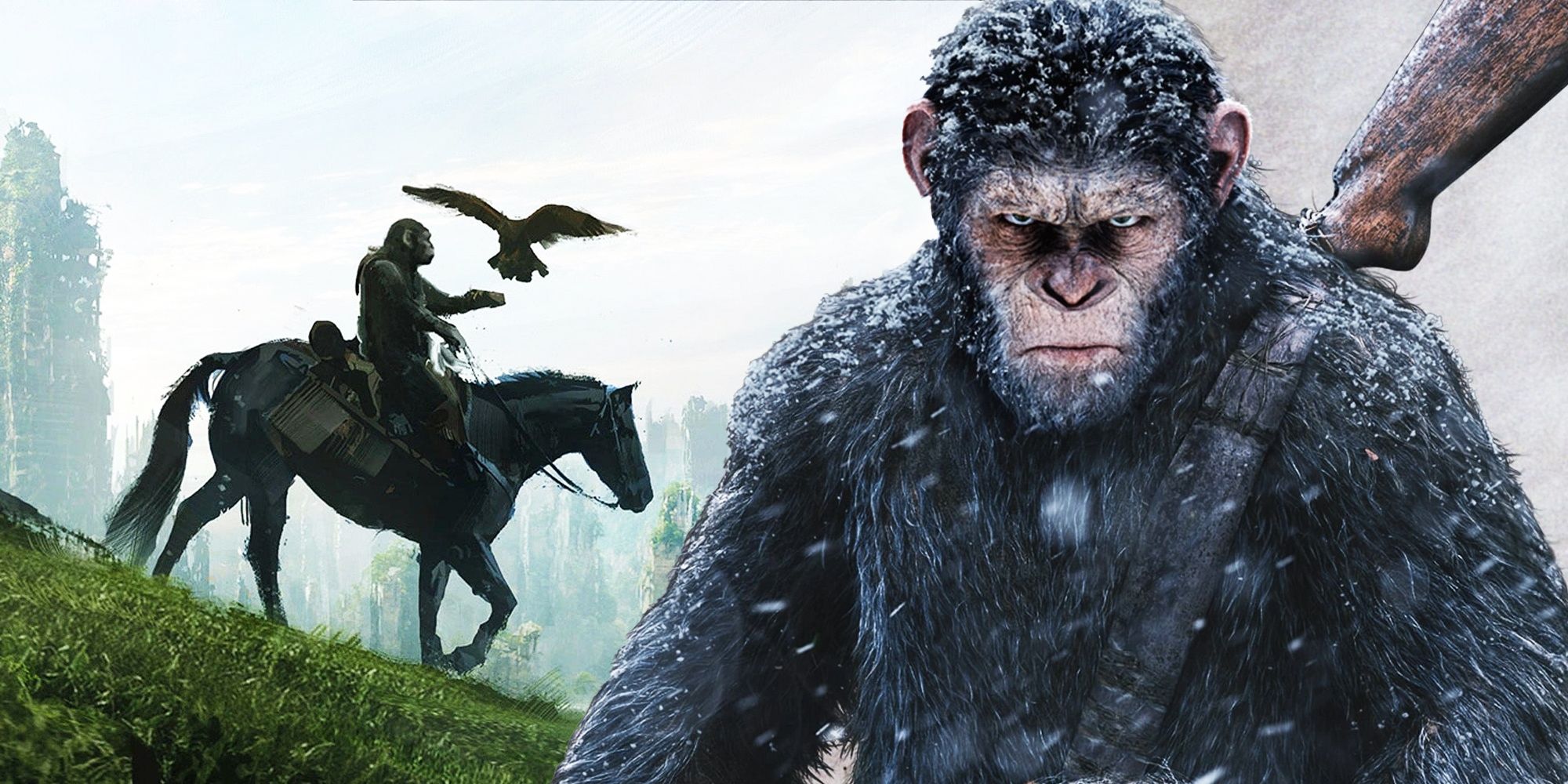 Custom image of Caesar with a rifle against the backdrop of the Kingdom of the Planet of the Apes landscape