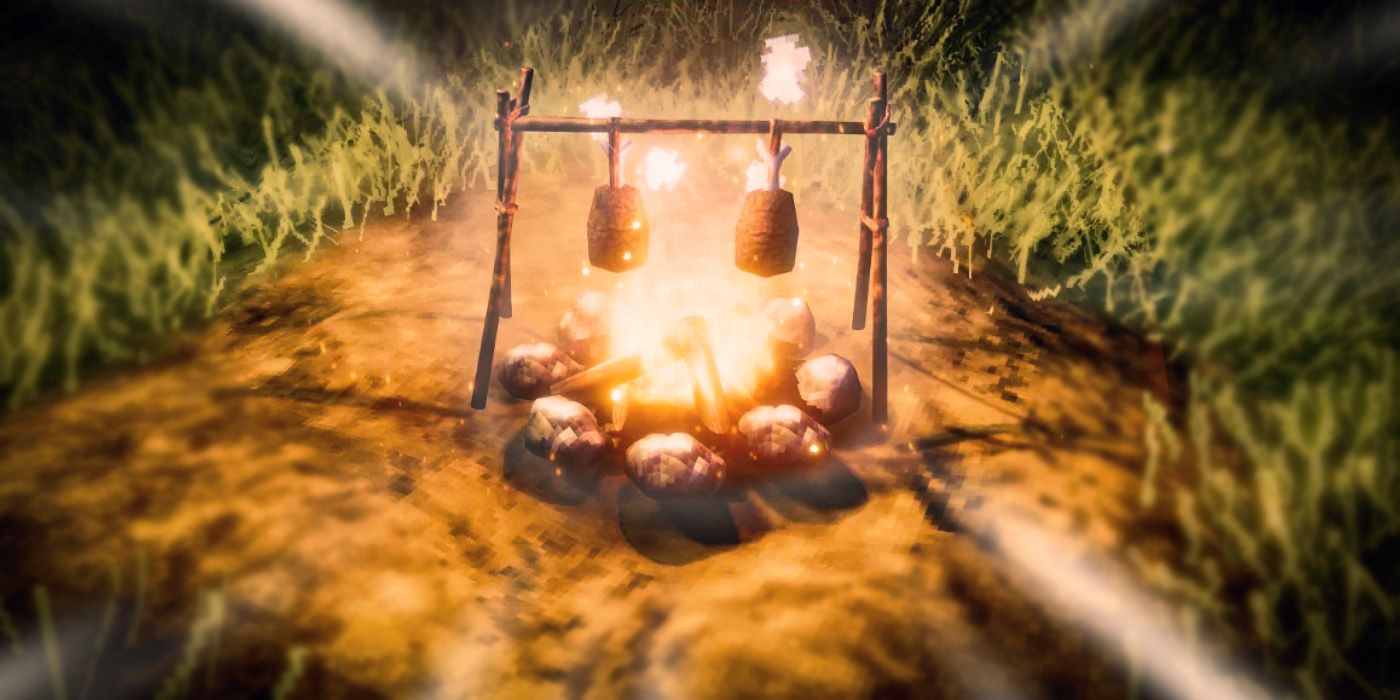 A campfire with food being cooked in Valheim