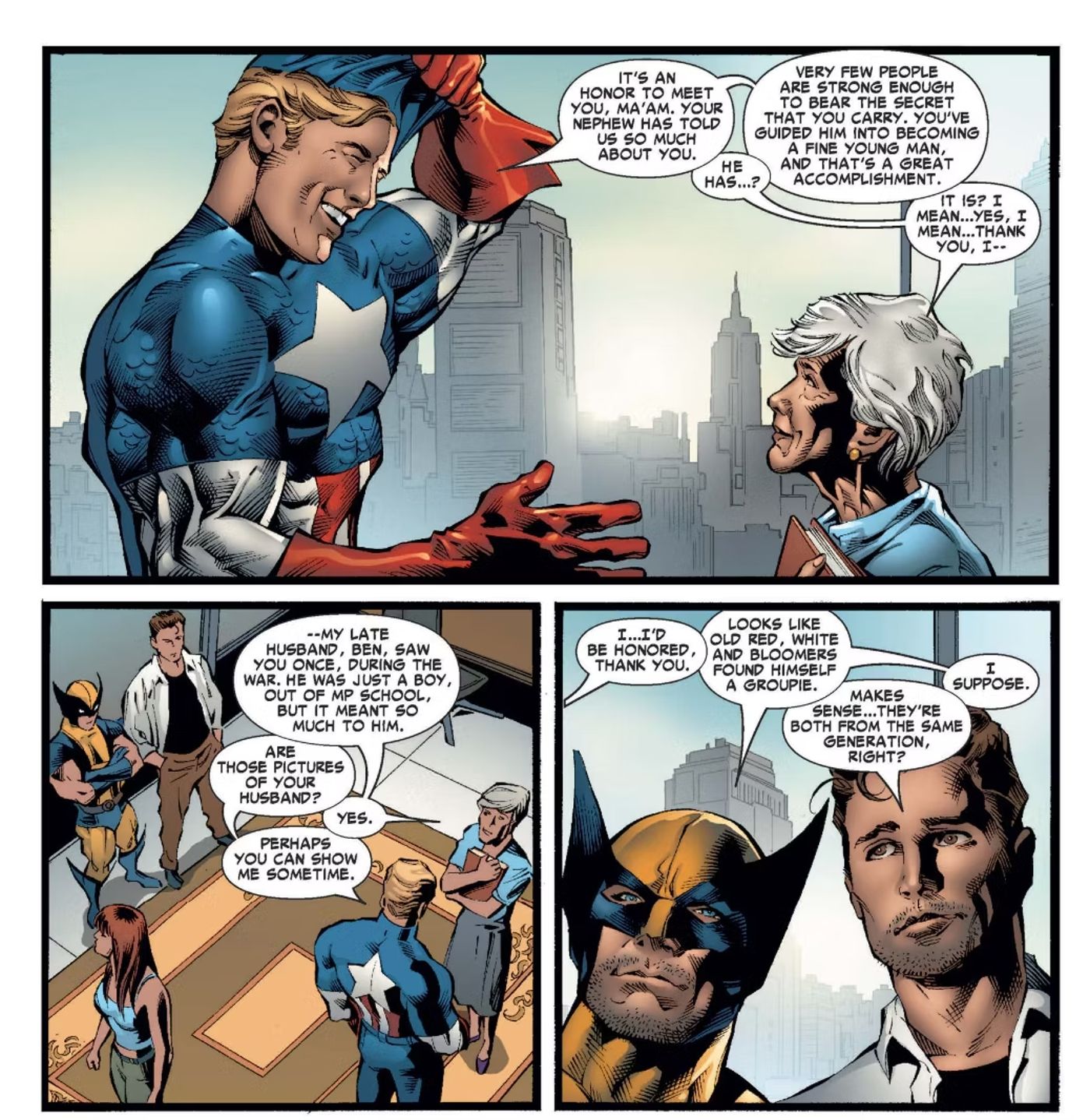 Amazing Spider-Man #521, Captain America meets Aunt May. Steve compliments May for raising Peter, while May says Uncle Ben was a fan of Cap’s since the war. Wolverine and Spider-Man comment on the meeting