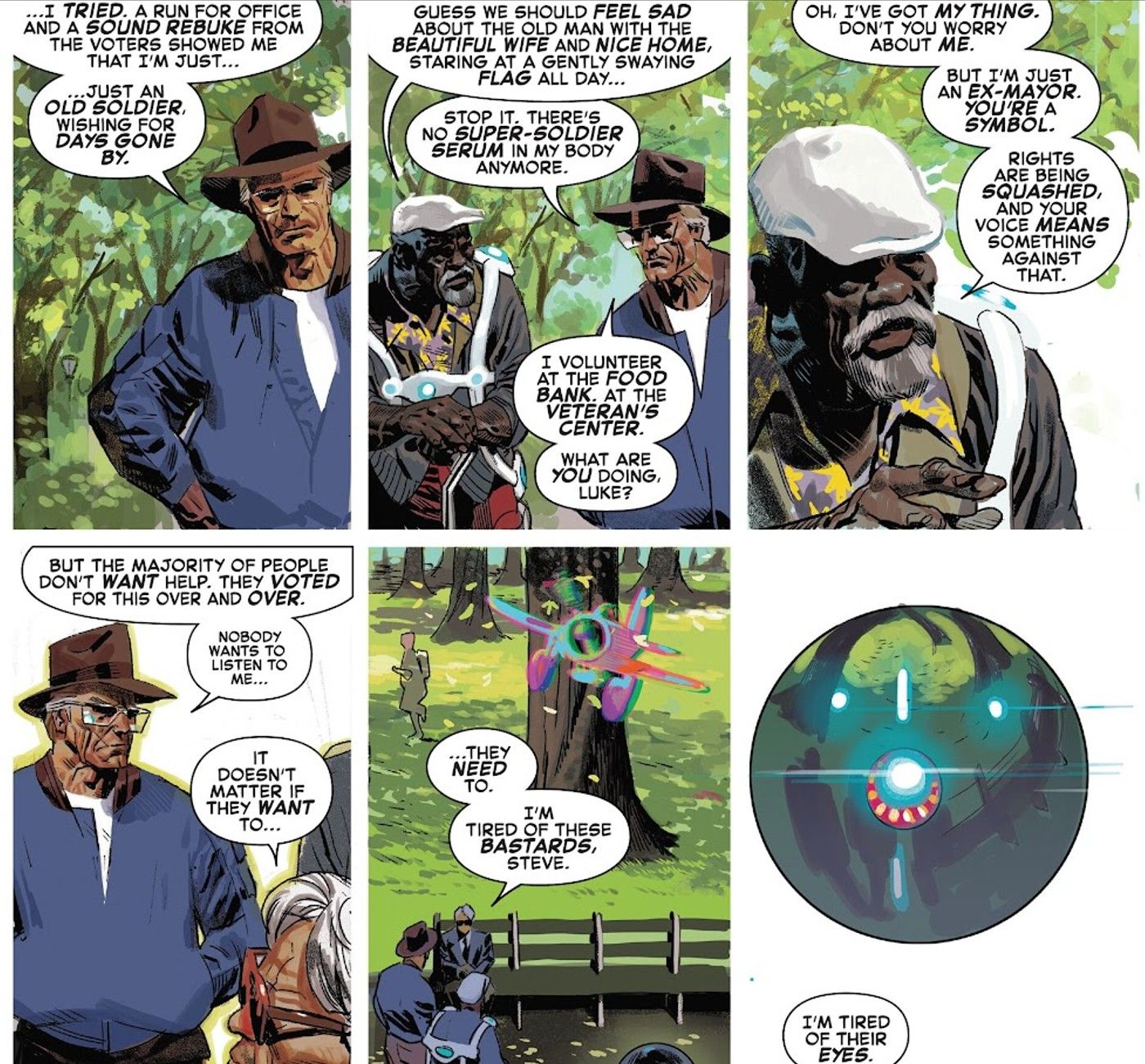 Captain America talks to Luke Cage and Daredevil about running for office