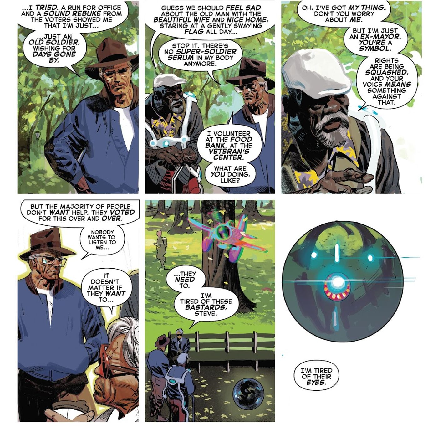 Avengers: Twilight #1, Elderly Captain America, Daredevil, and Luke Cage discuss the state of the world in a park