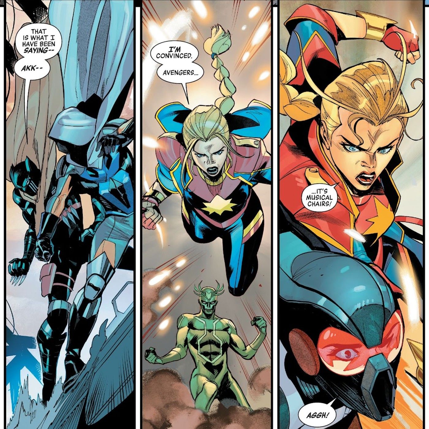 Captain Marvel tells the Avengers and Black Panther to play musical chairs