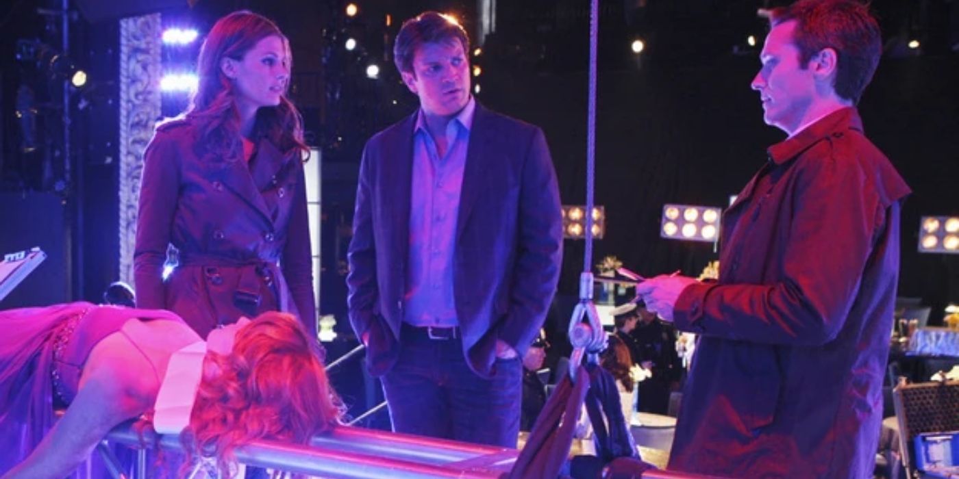 Castle, Beckett, and Ryan with a dead body on Castle the series