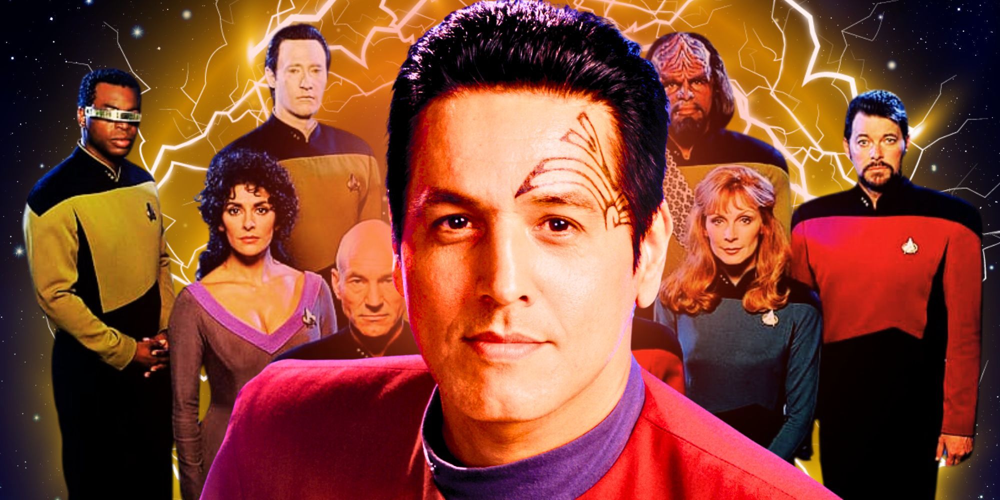 Chakotay (Robert Beltran) from Star Trek: Voyager stands in front of the Star Trek: TNG cast with lightning in the background.