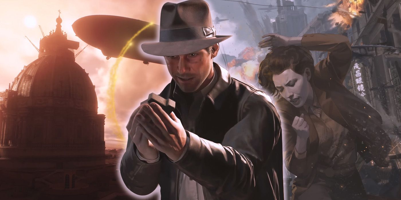 Indiana Jones holding an artifact with a blimp and a female character on either side of him from Indiana Jones and the Great Circle