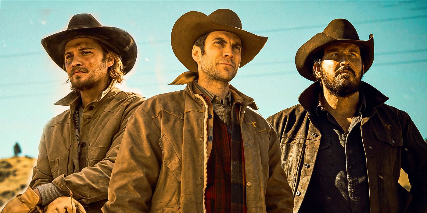 Luke Grimes as Kaycee, Wes Bentley as Jamie, and Cole Hauser as Rip in Yellowstone.