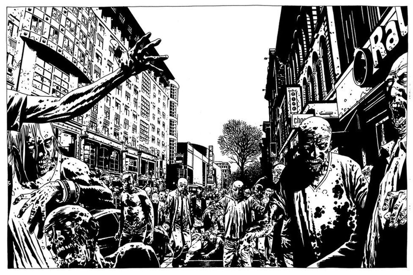 Charlie Adlard, art from the Walking Dead featuring a city street teeming with zombies