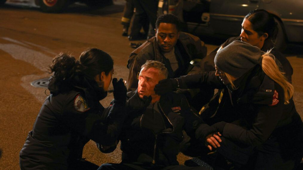 Hanako Greensmith as Violet, Kara Killmer as Sylvie, Miranda Rae Mayo as Stella, Daniel Kyri as Ritter, and David Eigenberg as Hermann in Chicago Fire Season 12 premiere