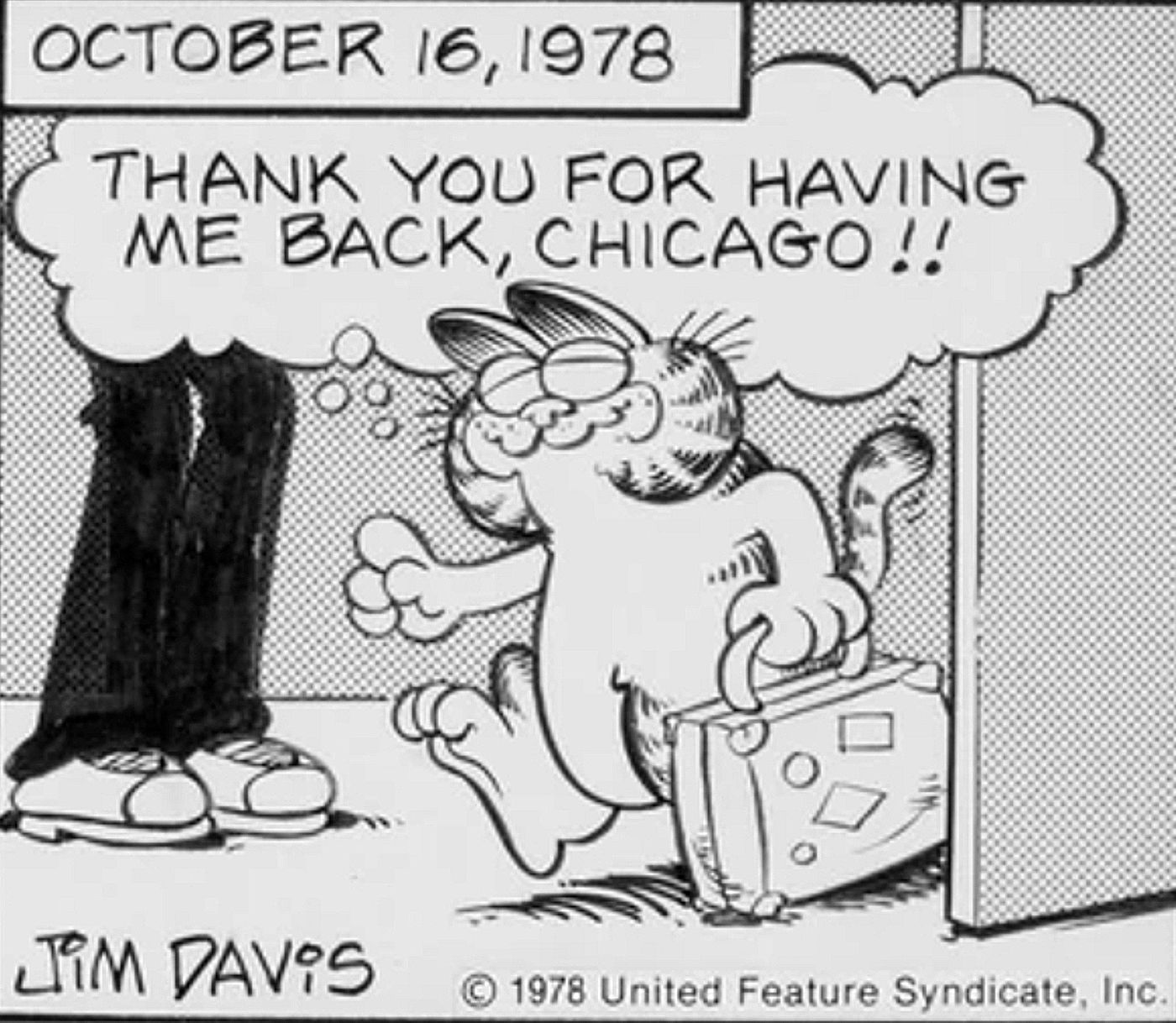 Garfield strolls back into the Sun-Times office on October 16, 1978, saying 