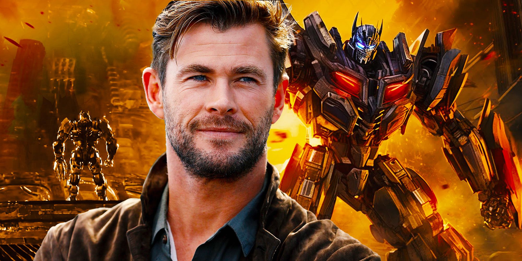 Chris Hemsworth in front a Transformers poster with Optimus Prime.