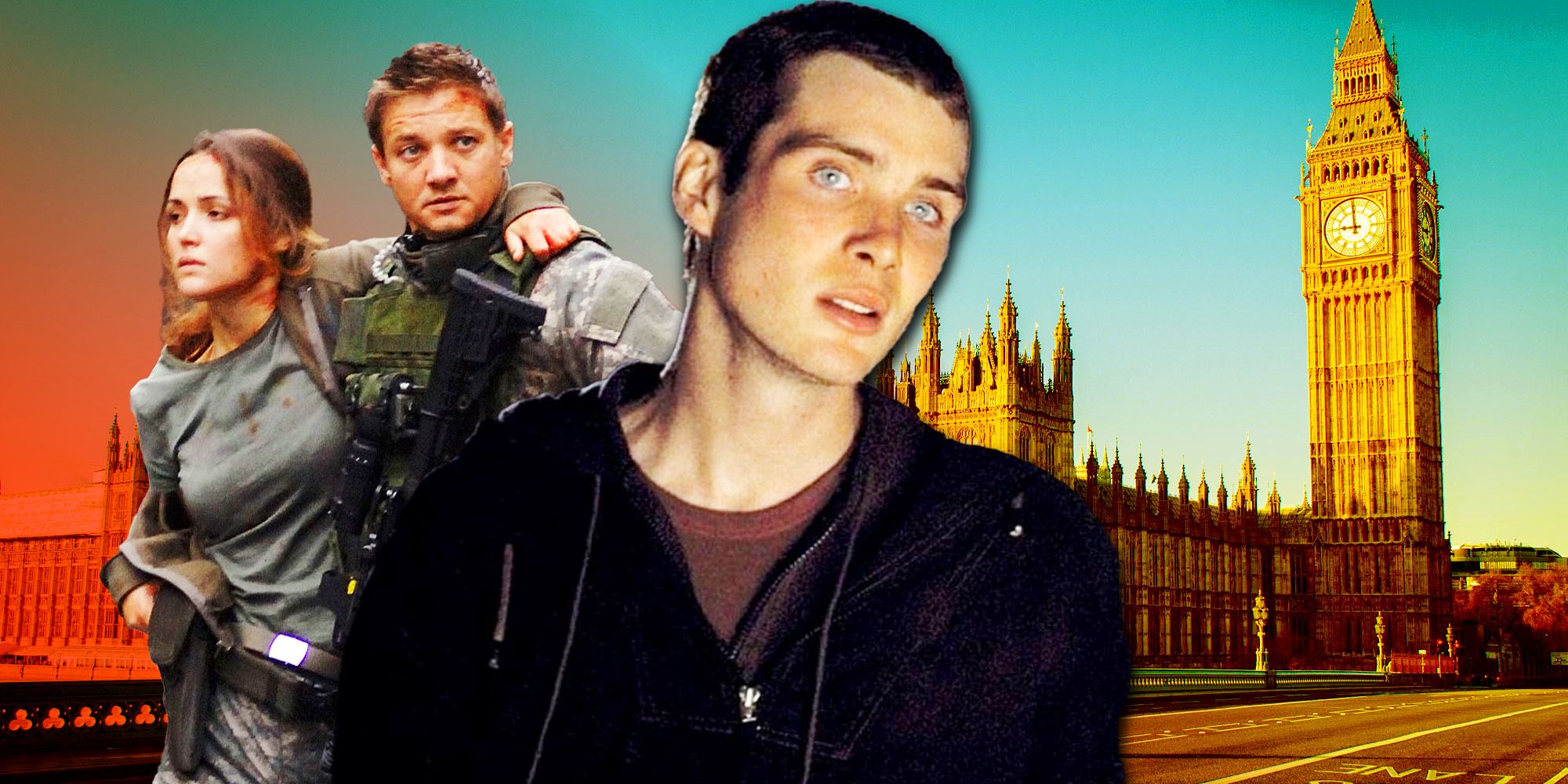 Cillian Murphy from 28 Days Later and Jeremy Renner and Rose Byrne in 28 Weeks Later with vacant London