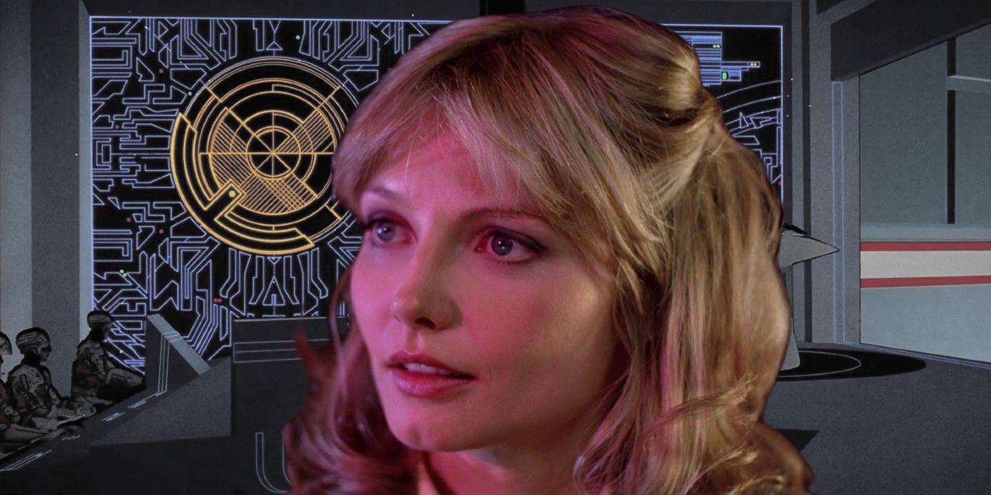 Cindy Morgan in Tron with a Tron background