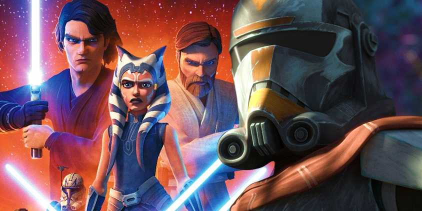 The poster for Clone Wars season 7 next to Hunter wearing his helmet in The Bad Batch