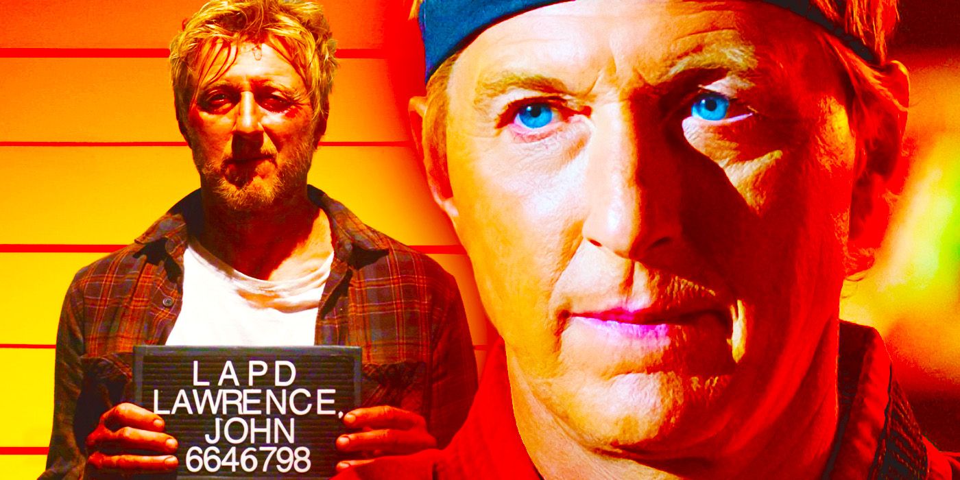 A custom image featuring Johnny Lawrence&rsquo;s mugshot and a closeup of Johnny&rsquo;s face in Cobra Kai