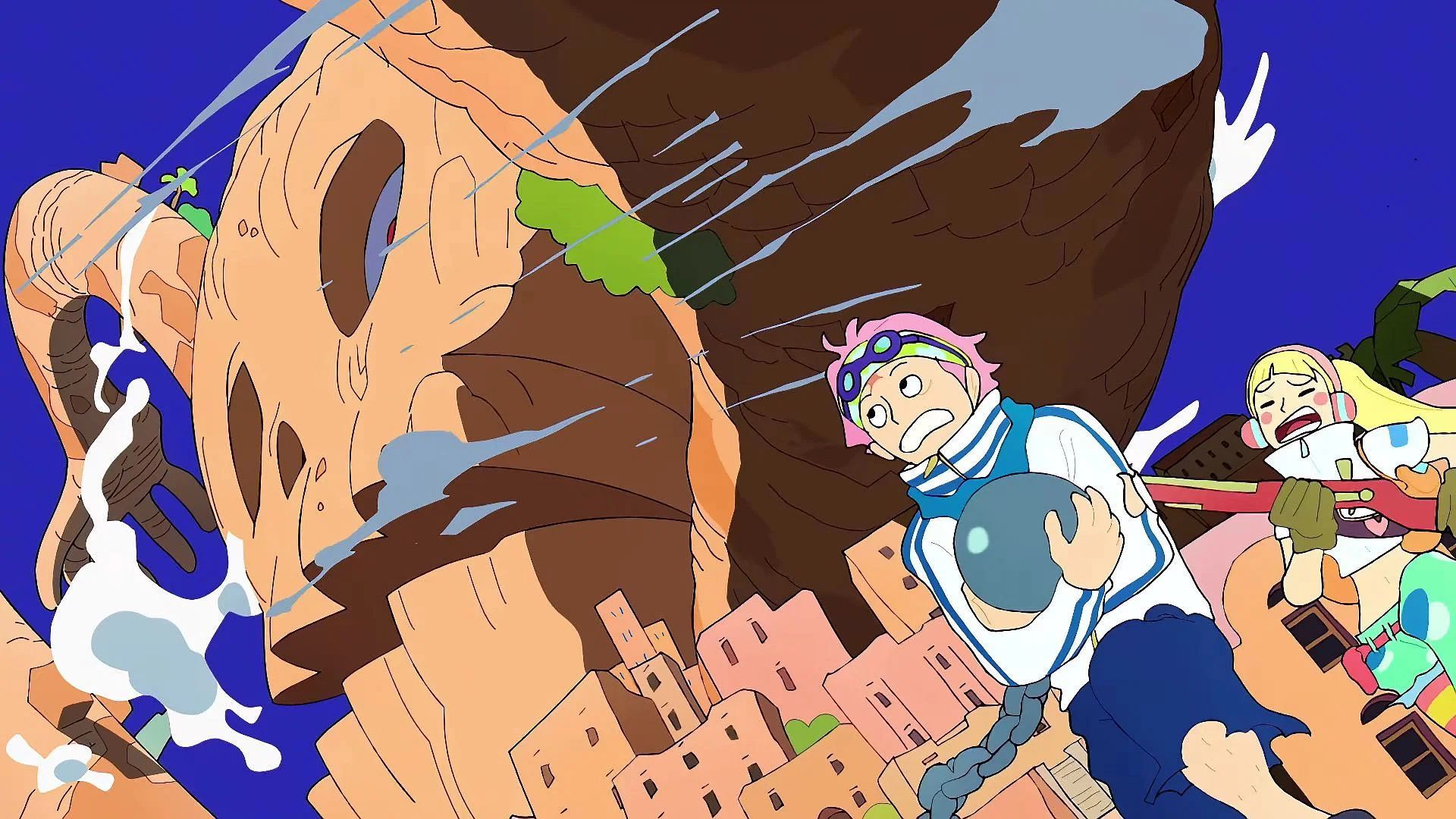 Screenshot from One Piece anime Egghead opening show Koby and Habari running away from Pirate Island which has a large mountain head that is looking towards them.