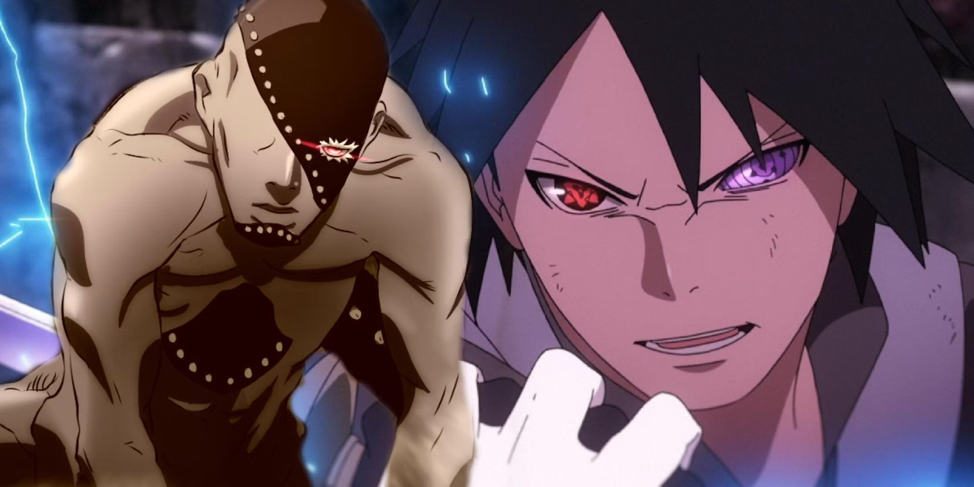 Image shows adult Sasuke with his Sharingan and Rinnegan eyes looking confidently towards one of Code’s generic claw grime monsters standing indifferently.