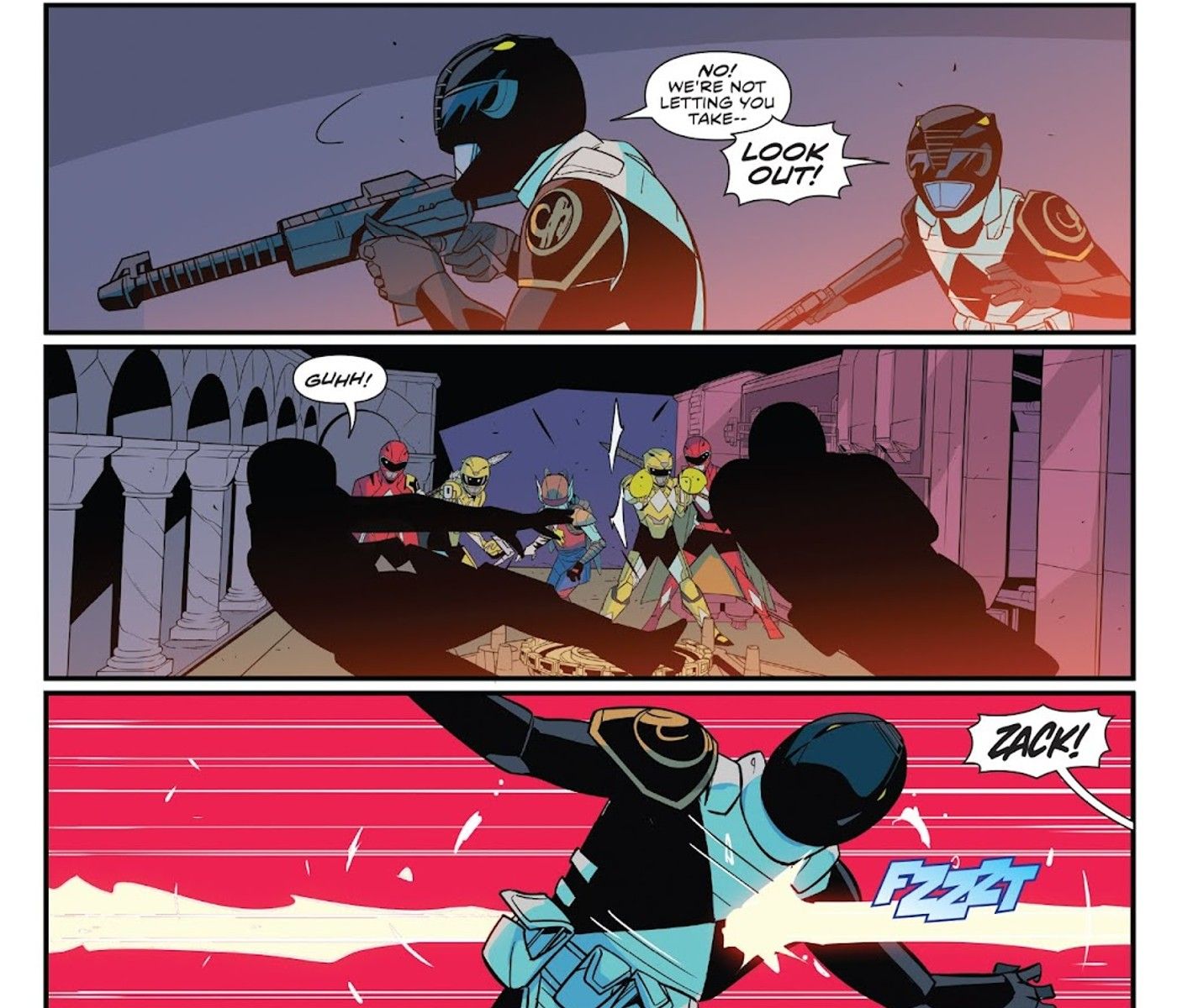 Cpanels from Mighty Morphin Power Rangers #28, Coinless Zack Taylor saves Mighty Morphin Power Ranger's Black Ranger