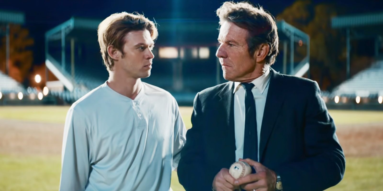 Colin Ford as Ricky Hill standing next to Dennis Quaid's Pastor Hill in The Hill