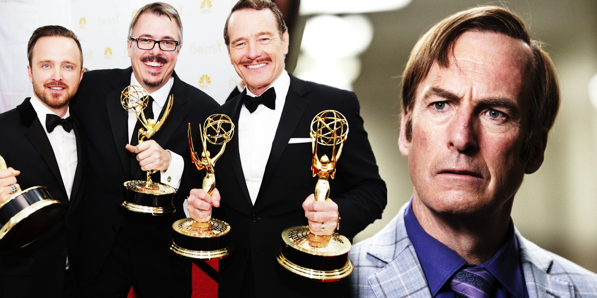 Collage of Aaron Paul, Vince Gilligan, and Bryan Cranston at the Emmys and Bob Odenkirk in Better Call Saul
