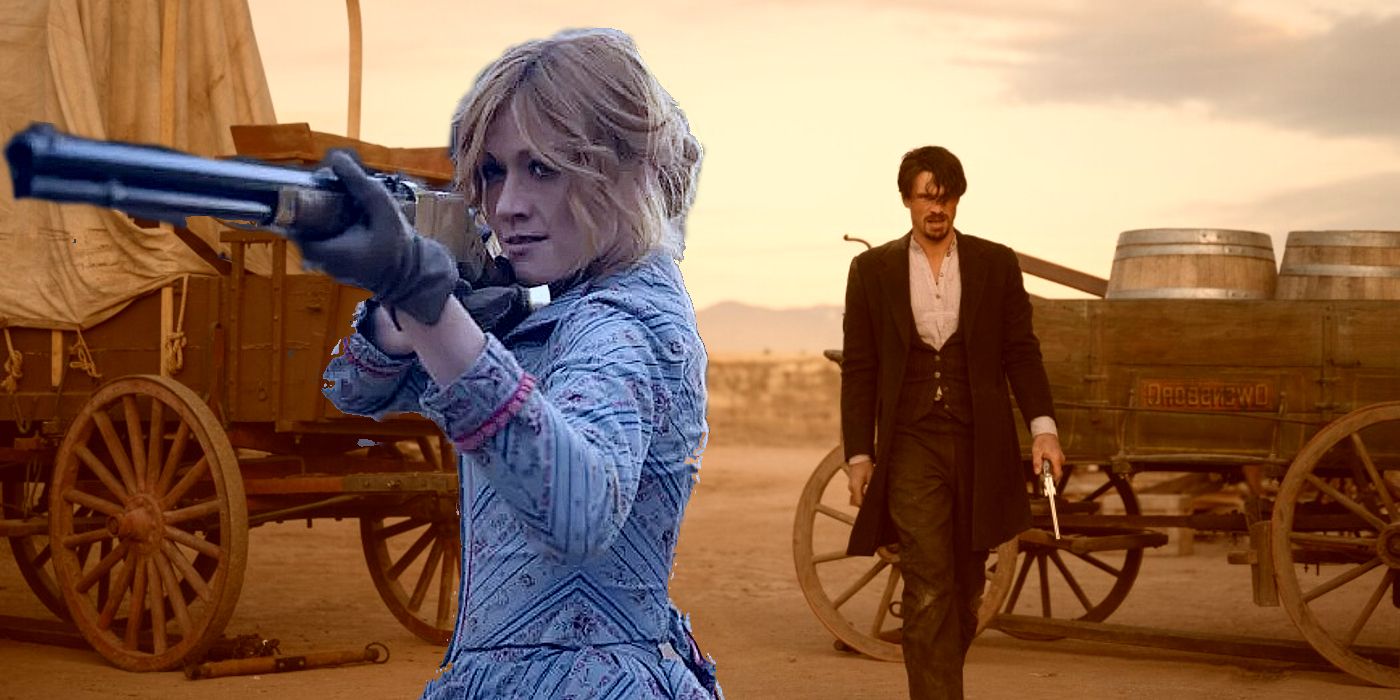 Collage of Abby (Katherine McNamara) pointing gun and Tom (Greg Hovanessian) in the Walker Independence finale.