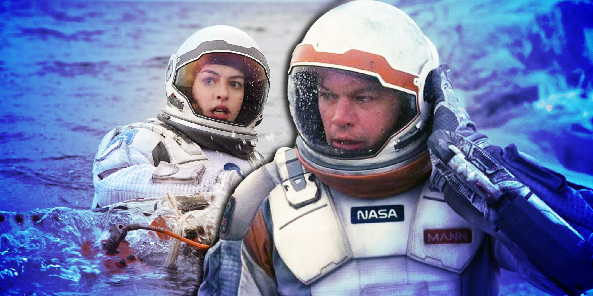 Collage of Anne Hathaway as Dr. Amelia Brand and Matt Damon as Dr. Mann in Interstellar