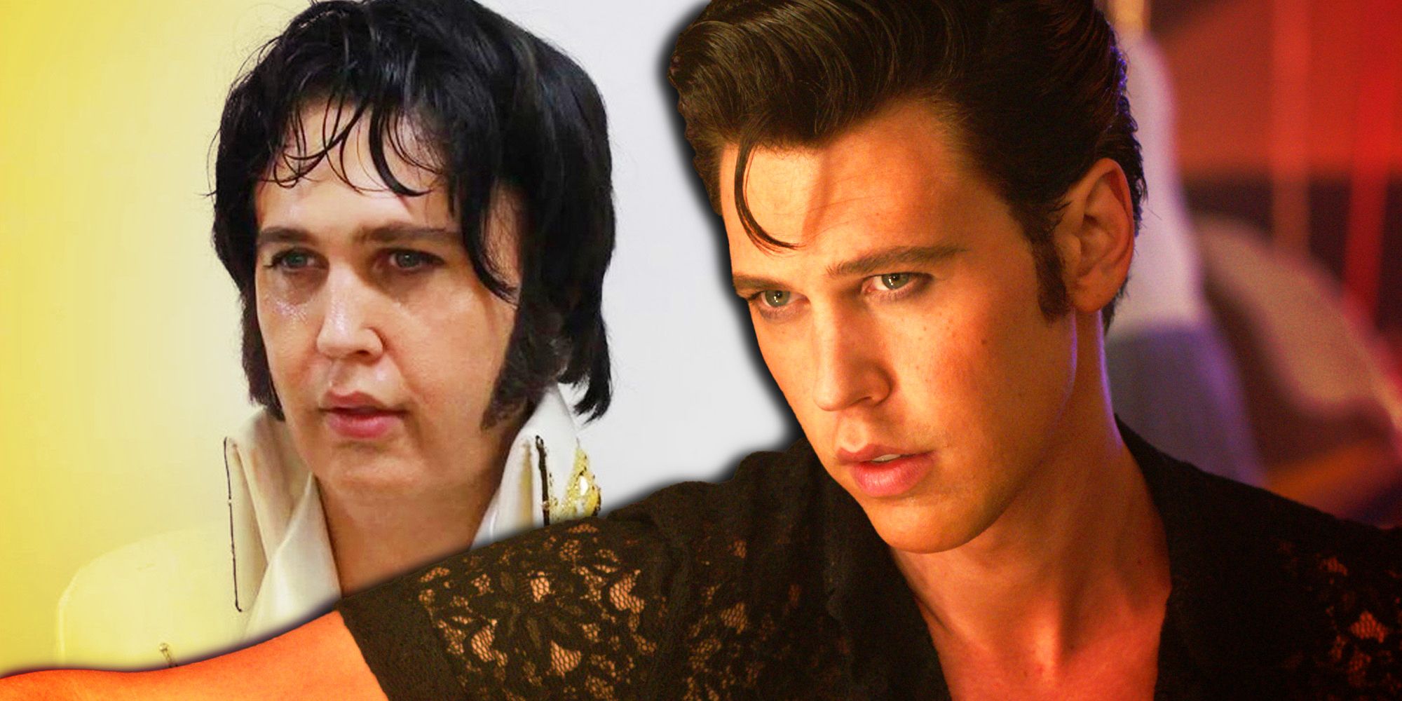 Collage of Austin Butler in the sweaty Elvis meme and as Elvis Presley in Elvis