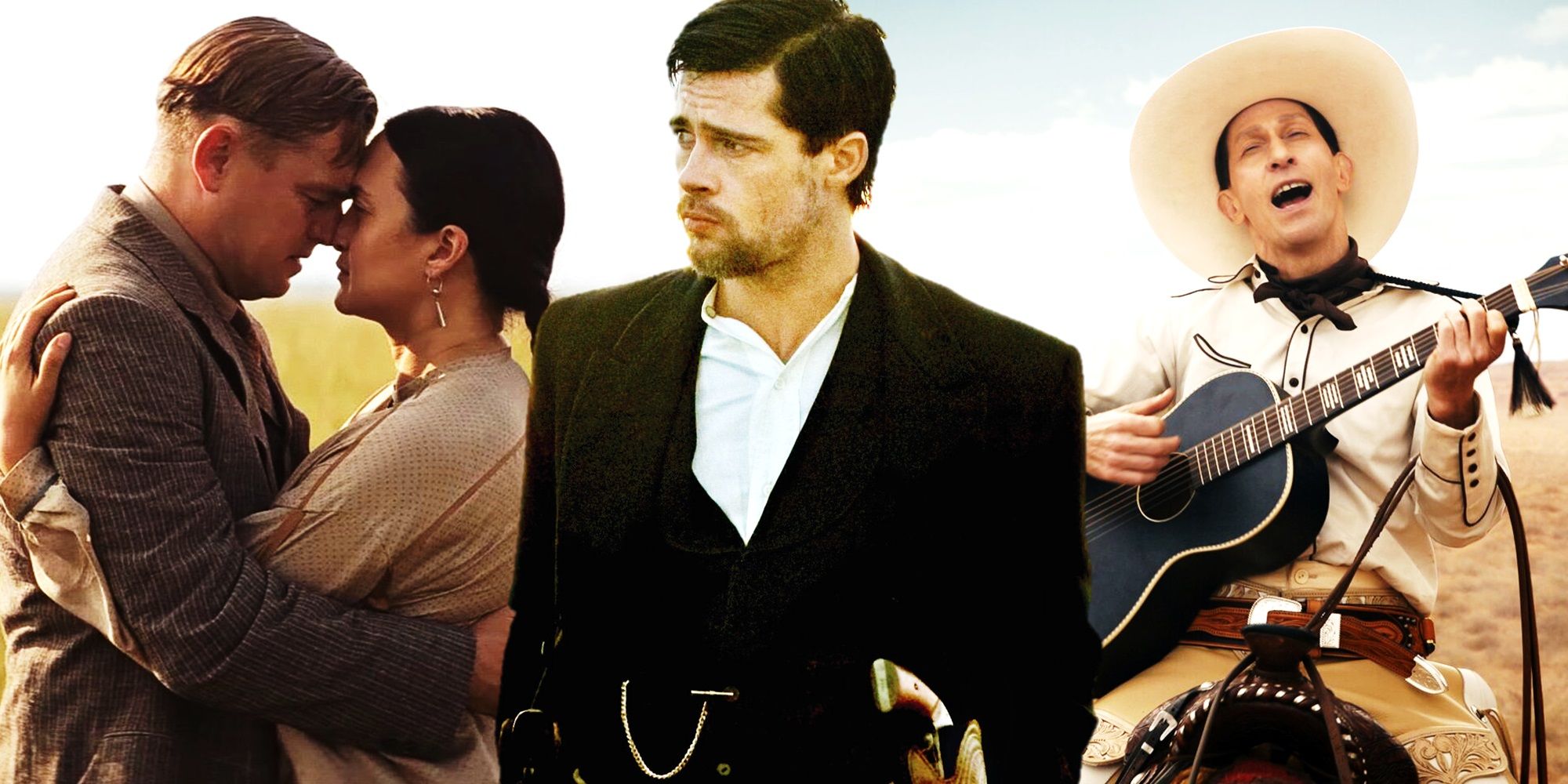 Collage of Ernest and Mollie in Killers of the Flower Moon, Jesse James in The Assassination of Jesse James, and Buster in The Ballad of Buster Scruggs