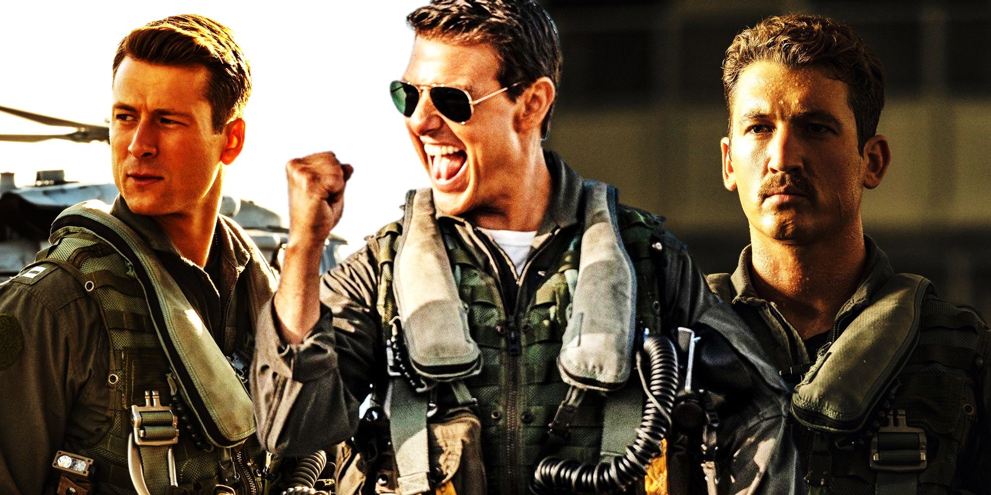 Colagem de Glen Powell, Tom Cruise e Miles Teller em Top Gun Maverick