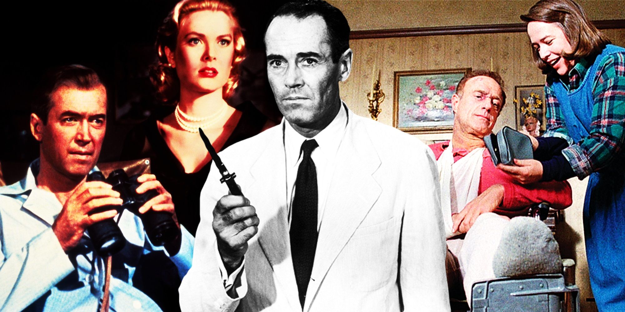 Collage of James Stewart in Rear Window, Henry Fonda in 12 Angry Men, and Kathy Bates and James Caan in Misery