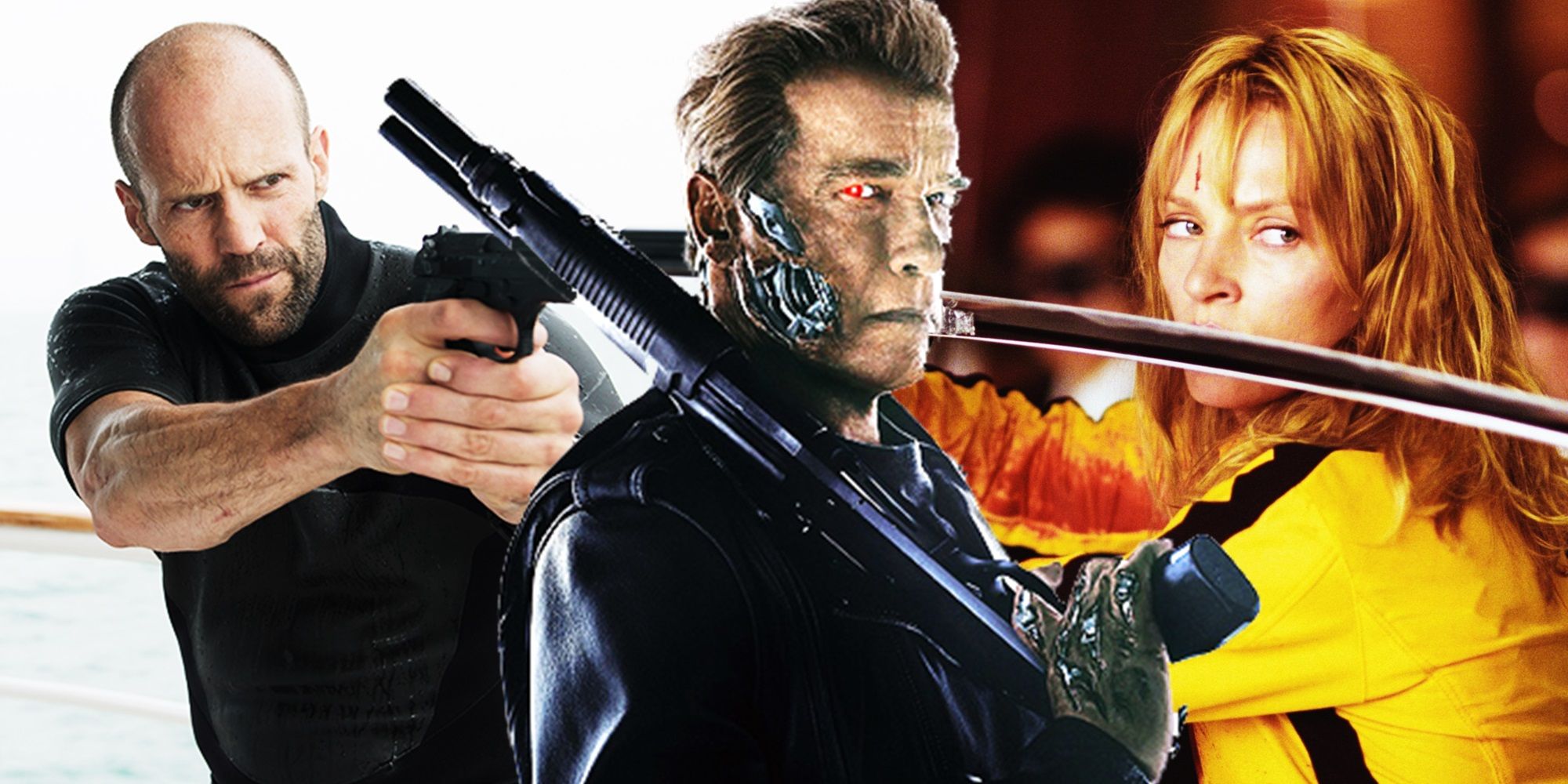 Collage of Jason Statham in Mechanic Resurrection, Arnold Schwarzenegger in Terminator Genisys, and Uma Thurman in Kill Bill Volume 1