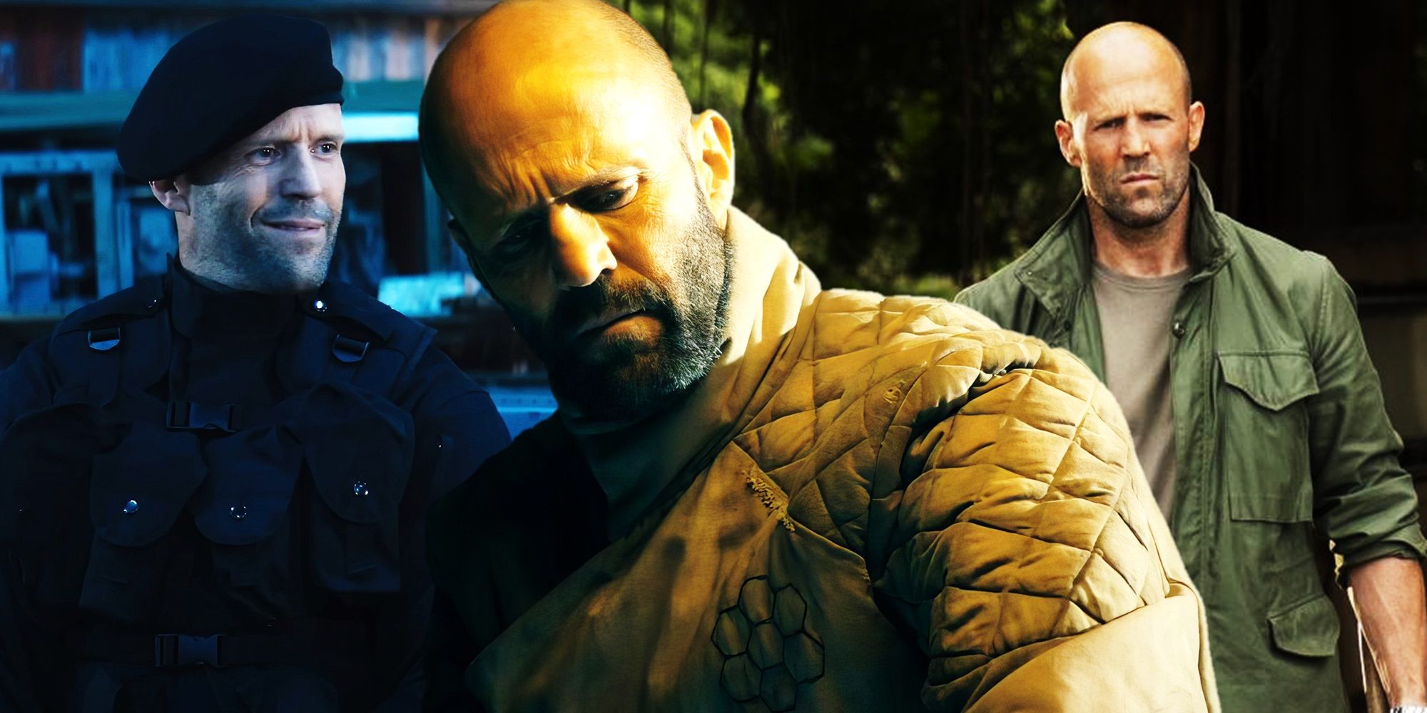Collage of Jason Statham in The Expendables 4, The Beekeeper, and Hobbs and Shaw