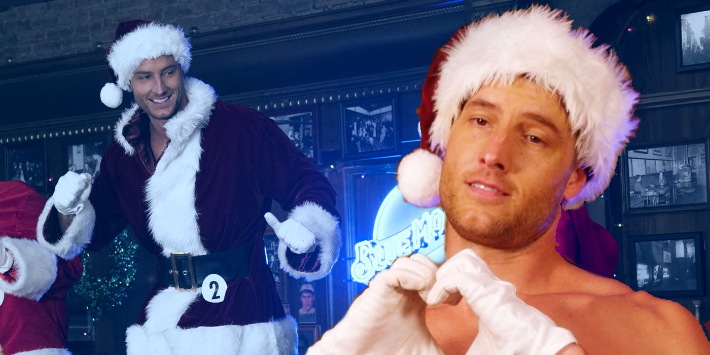 Collage of Justin Hartley as Ty in A Bad Moms Christmas.