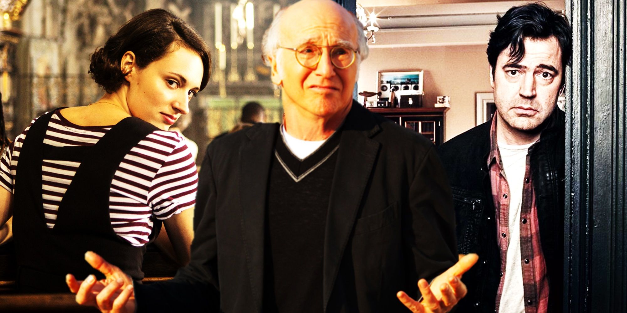 Collage of Phoebe Waller-Bridge in Fleabag, Larry David in Curb Your Enthusiasm, and Ron Livingston in Loudermilk