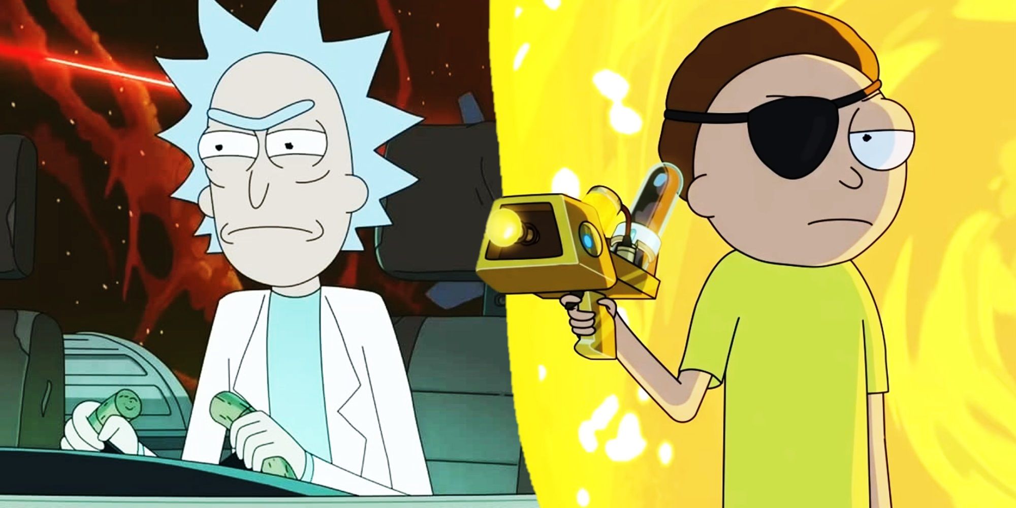 Collage of Rick in his spaceship and Evil Morty stepping through a yellow portal in Rick and Morty