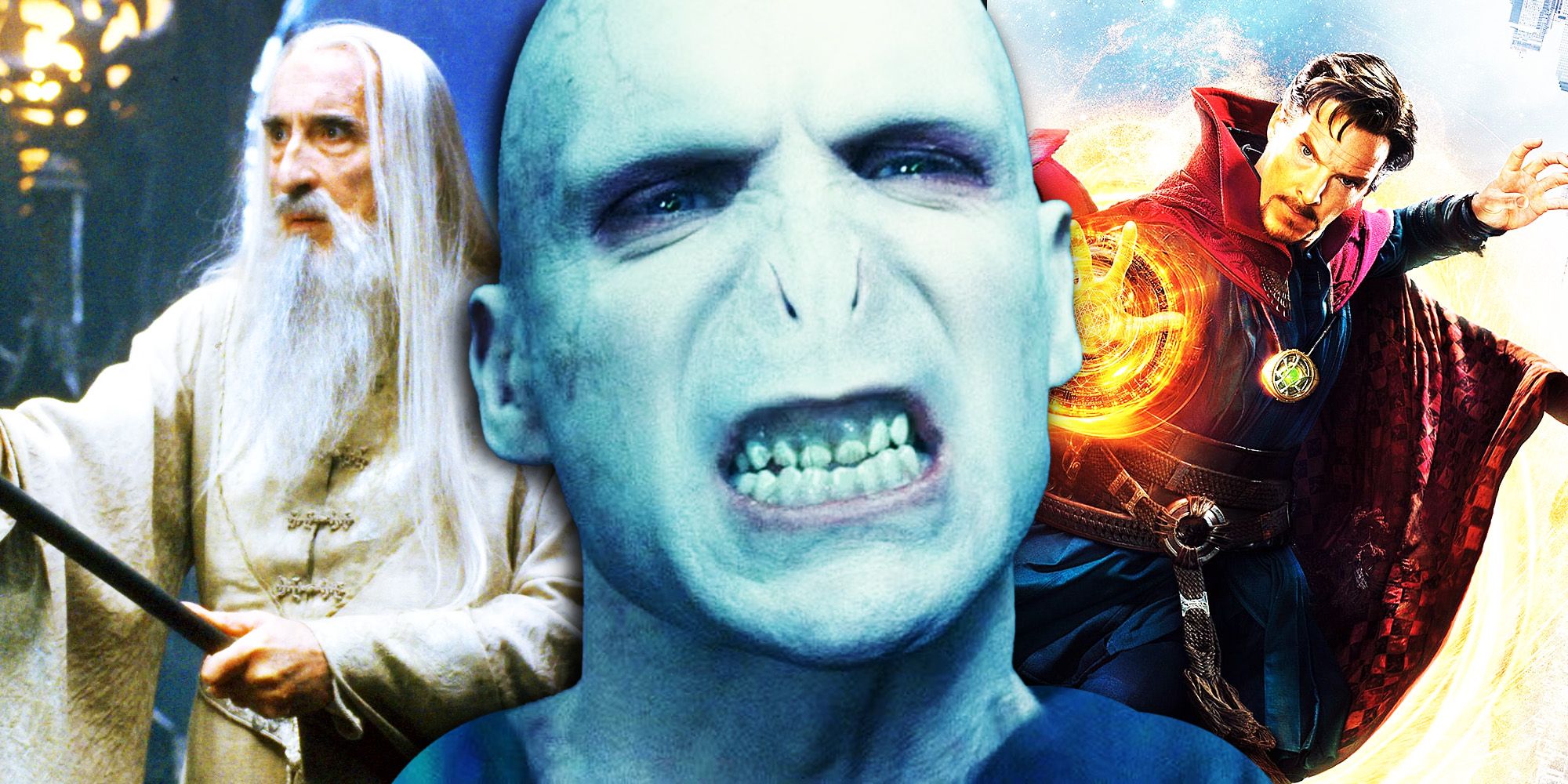 Colagem de Saruman em O Senhor dos Anéis, Voldemort em Harry Potter e Doutor Estranho no MCU