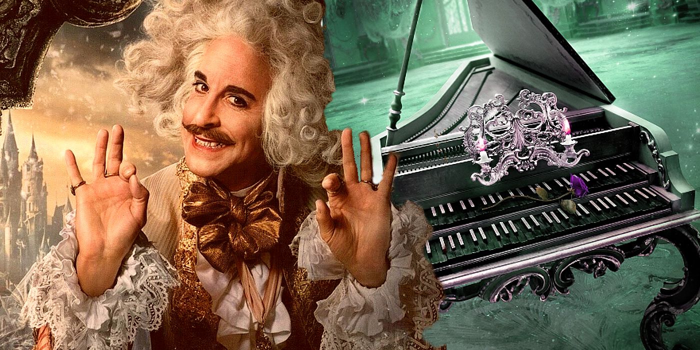 Collage of Stanley Tucci as Cadenza and the piano Cadenza in 2017's Beauty and the Beast