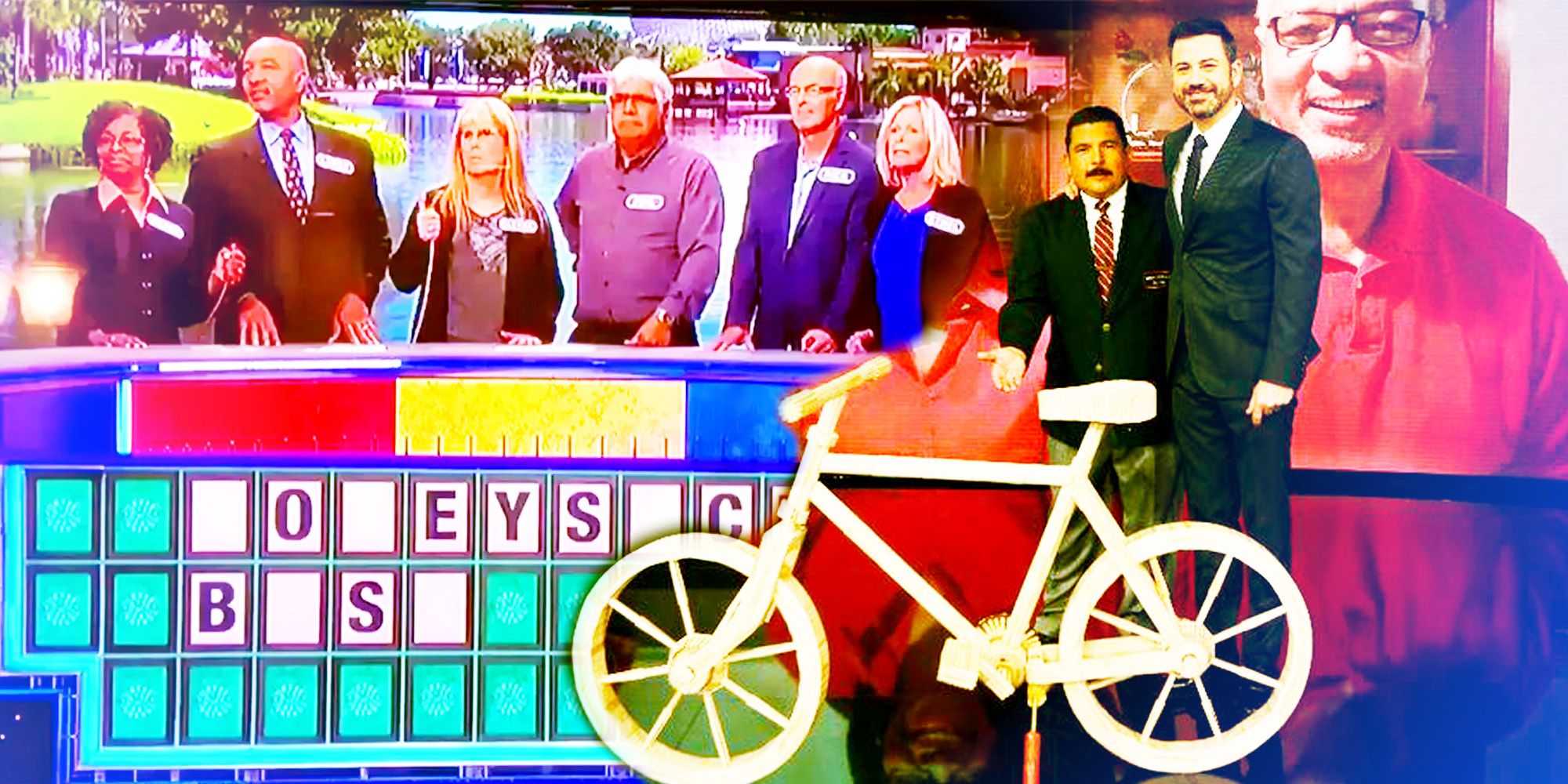 Collage of the Popsicle Bike Wheel of Fortune Board and contestants and Jimmy Kimmel and Guillermo behind a bike made of popsicle sticks