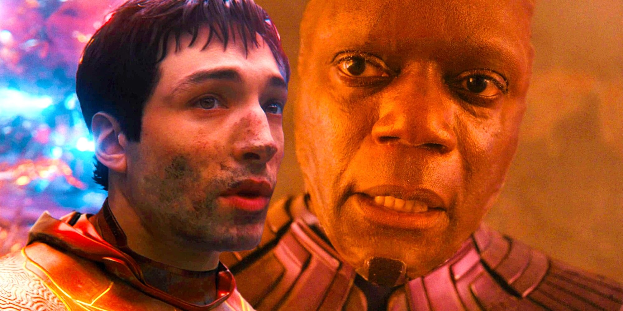 Composite of Ezra Miller As The Flash In The Chronobowl And Chukwudi Iwuji As The HIgh Evolutionary After An Explosion In Guardians of the Galaxy 3