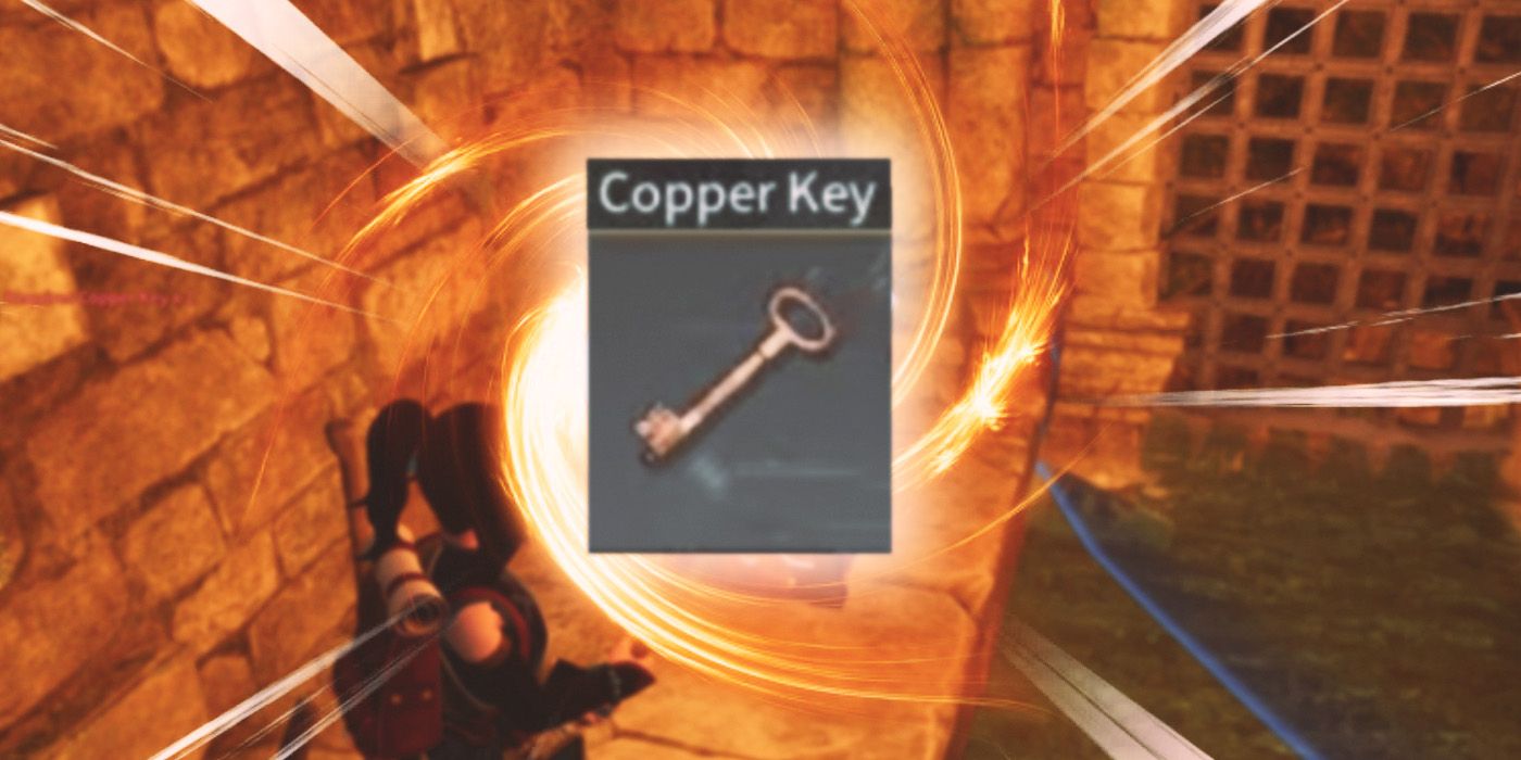 Copper Key from Palworld used to open red glowing chest in background