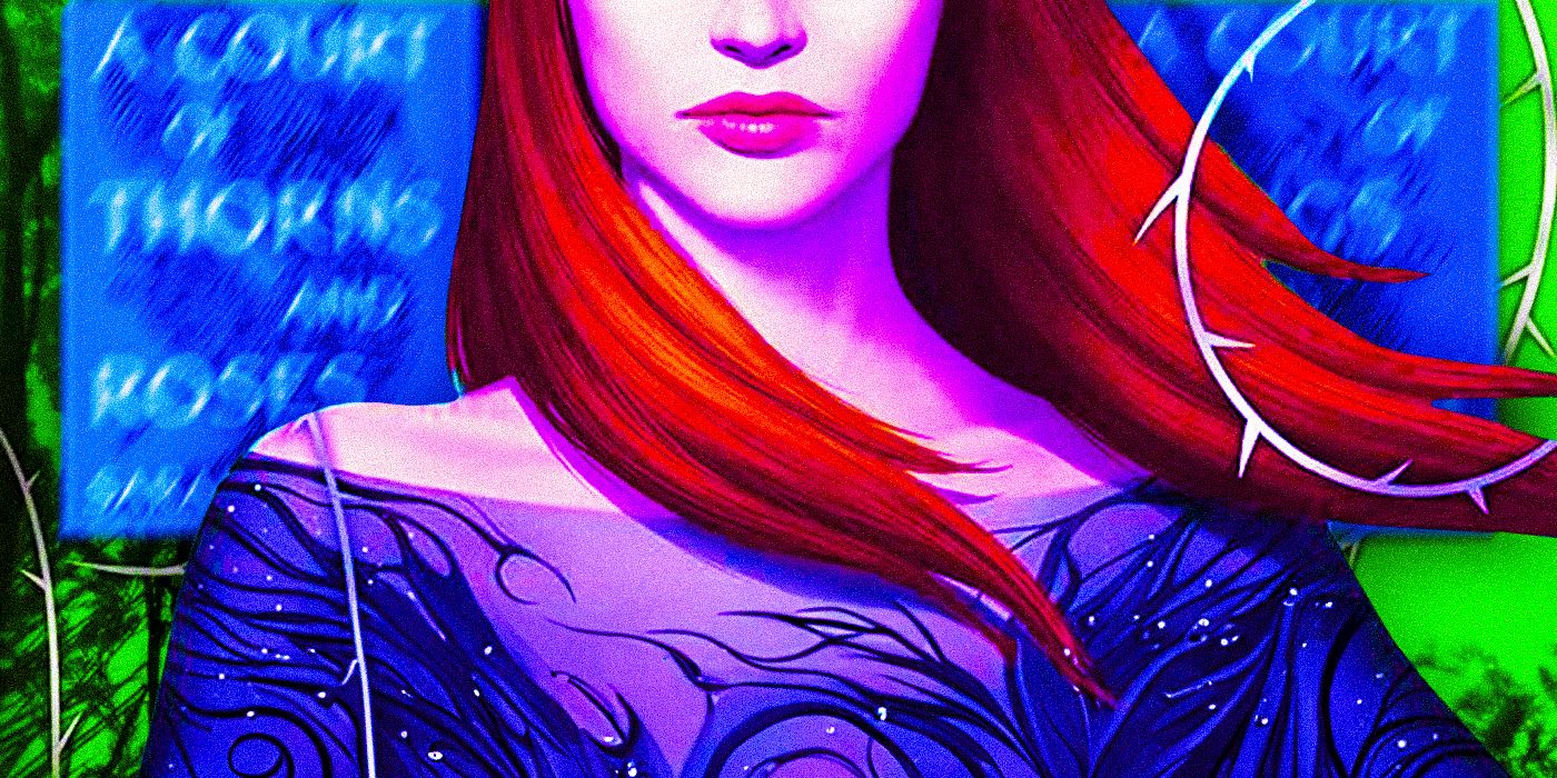 Artwork of Feyre from the cover of A Court of Wings & Ruin in front of ACOTAR book covers